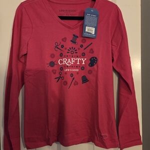 Life Is Good Women's Long Sleeve V-Neck Tee - Red with Navy Graphic